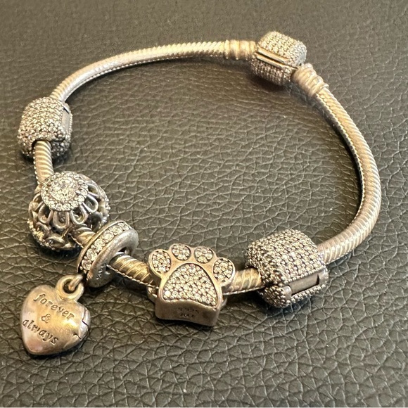 Pandora Small Silver Charm Bracelet with Heart and Paw Design - Picture 1 of 2